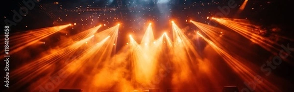 Fototapeta Yellow and white spotlights illuminating a stage floor in a dark room with dynamic lighting effects.