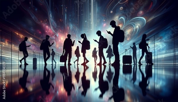 Fototapeta Silhouettes in a red-lit urban scene, using smartphones to create a digital, futuristic atmosphere.