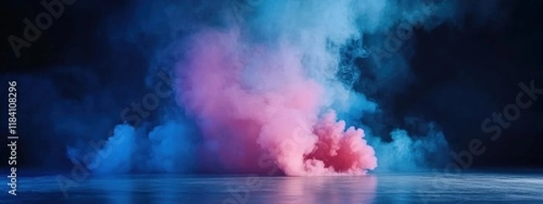 Fototapeta Dynamic abstract background featuring colorful smoke on dark gray concrete floor in a foggy setting for product showcase