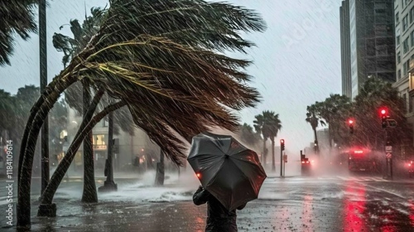 Fototapeta a person walking in the city during a hurricane with strong winds and heavy rain