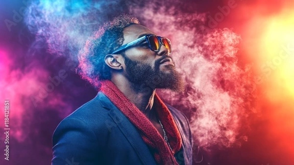 Fototapeta Cunning panther exudes confidence in a stylish blazer with vibrant smoke effects at night