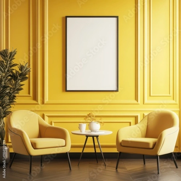 Fototapeta Cozy living room design featuring a blank frame on the wall, yellow tones, armchairs, and soft lighting.
