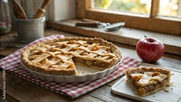 Fototapeta Apple Pie with Lattice Crust in Round Baking Pan, Slice on Plate, and Red Apple on Table