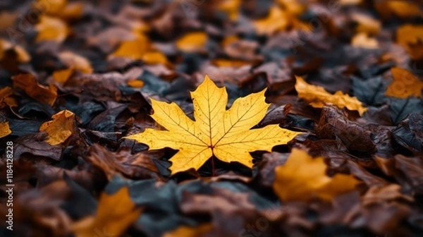 Fototapeta Single Golden Maple Leaf Amongst Fallen Autumn Leaves