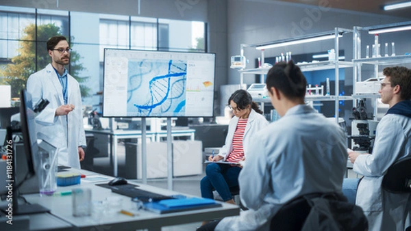 Fototapeta Group of Talented Female and Male STEM Students Having a Meeting with Their Teacher in a Modern Laboratory. Professor Showing a Presentation About Biochemistry or
Biophysics on Screen