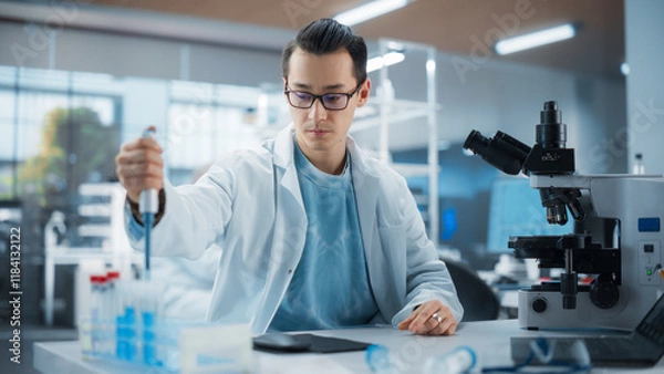 Fototapeta Medical Research Laboratory: Portrait of a Handsome Scientist Using Micropipette to Analyze Samples Under Microscope. Advanced Scientific Lab for Medicine, Biotechnology, Microbiology Development
