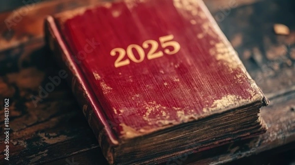 Obraz red book displaying numbers 2025. new knowledge and beginnings. hobbies and reading. literature and study