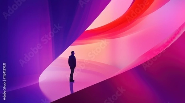 Fototapeta A man stands in the background vibrant tones of purple, pink, and red. Motion blur effects