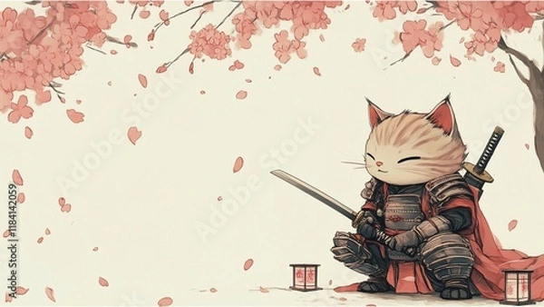 Obraz Samurai Cat Under Cherry Blossoms