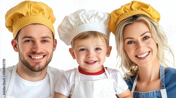 Fototapeta Happy Family Cooking Together in Chef Hats Smiling Cheerfully