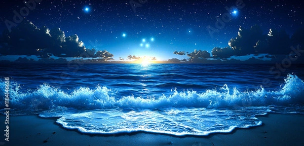 Fototapeta Enthralling Night Ocean: Starlit Waves on a Serene Beach