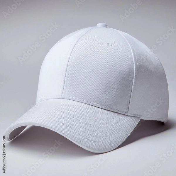 Fototapeta White baseball cap, solid white background, product photography, simple and clean composition, high resolution, professional photograph, studio lighting, crisp details, professiona