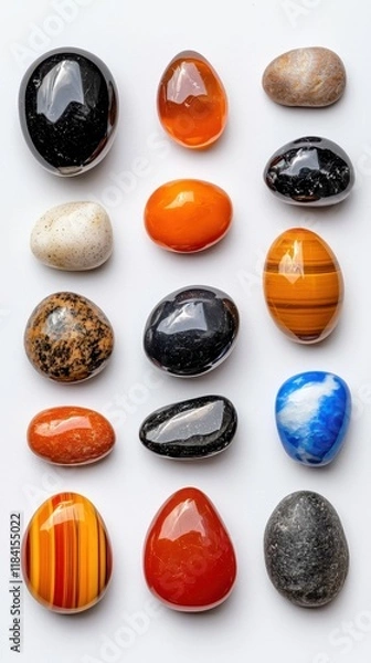 Fototapeta Colorful and Polished Decorative Stones and Crystals Arrangement on a White Background