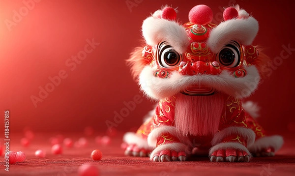 Obraz happy chinese new year, cute chinese traditional lion dance