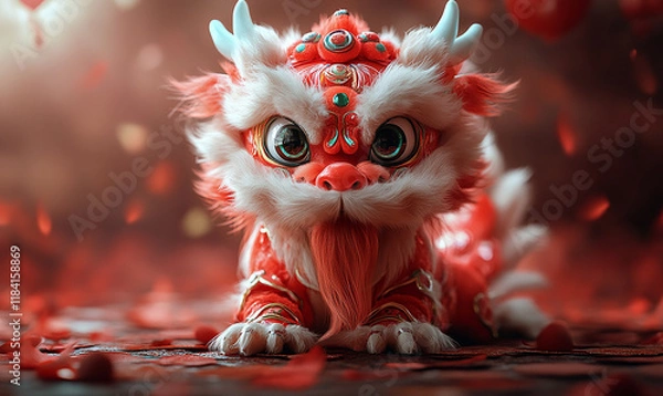 Obraz happy chinese new year, cute chinese traditional lion dance