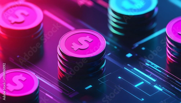 Fototapeta Stacks of Neon Dollar Coins on Digital Surface