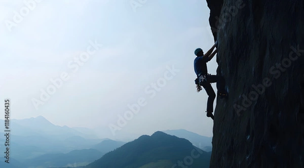 Fototapeta A climber ascends a rocky cliff against a backdrop of mountains, showcasing the thrill and challenge of outdoor rock climbing.