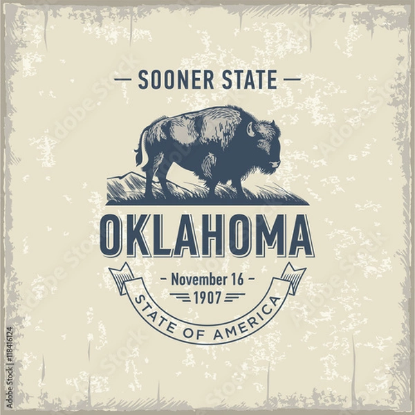 Obraz Оклахома, стилизованная эмблема штата Америки, Бизон, винтаж
