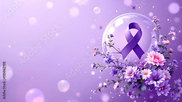 Fototapeta Purple World Cancer Day design, featuring a cancer awareness ribbon inside a bubble with surrounding floral decorations. Perfect for healthcare initiatives and cancer awareness campaigns.
