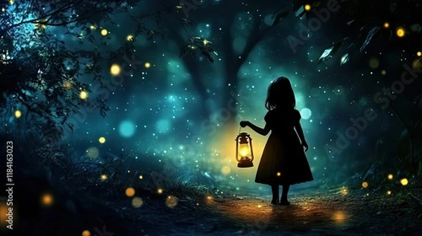 Fototapeta Child exploring a dreamy forest at night.