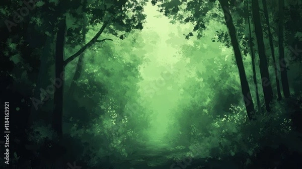 Fototapeta A Misty Green Forest Path Beckons Deep Within