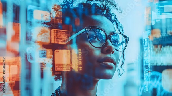 Fototapeta Woman gazing at digital data streams and information