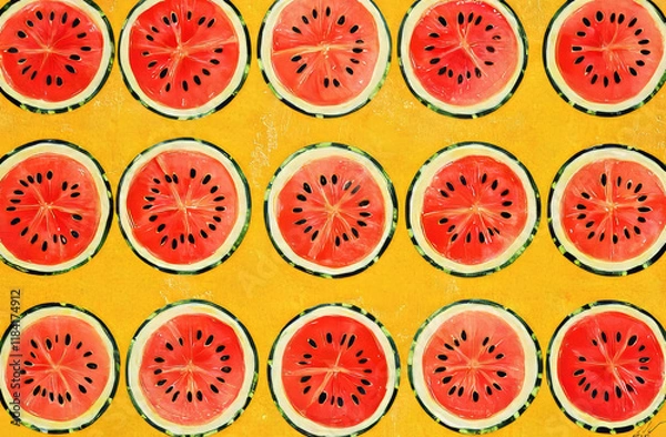 Fototapeta Brightly colored slices of watermelon are arranged in a repeating pattern against a cheerful yellow backdrop, creating a fresh and summery aesthetic suitable for various creative projects