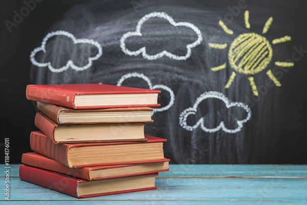 Fototapeta Red books, chalkboard sun, and clouds vibrant learning themed composition