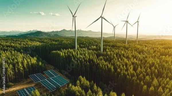 Fototapeta Renewable energy sustainability concept with high-quality, professional visuals of wind turbines, solar panels, green landscapes, emphasizing eco-friendly innovation and environmental conservation 18