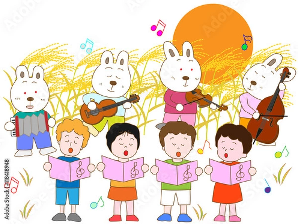 Fototapeta 満月の夜のウサギと子供のコンサート