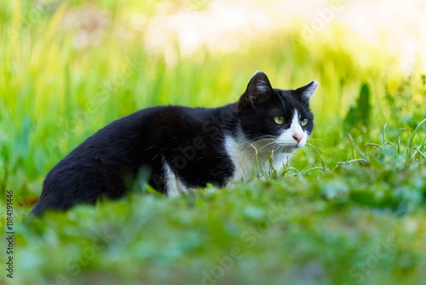 Obraz 自然の緑に囲まれてなにかを狙ってるハチワレ柄の子猫っぽい野良猫