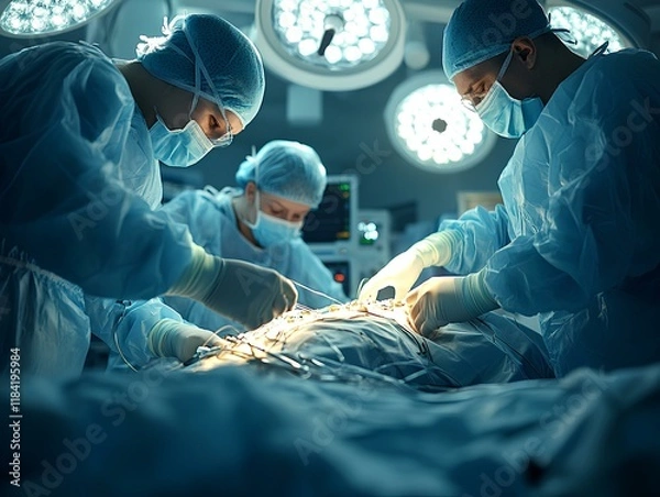 Fototapeta The image shows an operating room in a military hospital, where surgeons in full protective gear perform an emergency procedure. Bright surgical lights focus on the operating table, casting  the room 