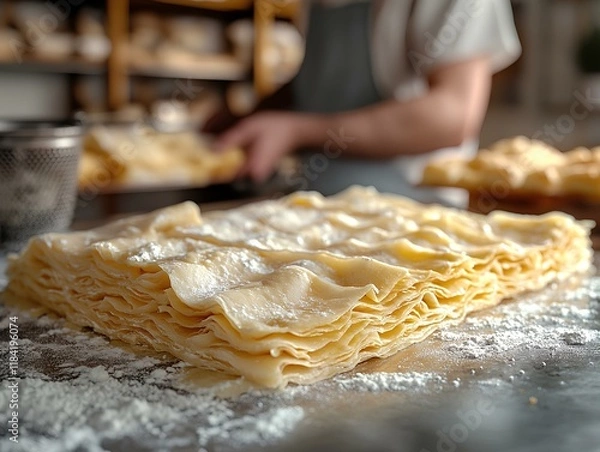 Fototapeta This photorealistic image shows a baker folding croissant dough on a stainless steel countertop. The layers of dough and butter are visible, thin and evenly rolled, ready for their next turn