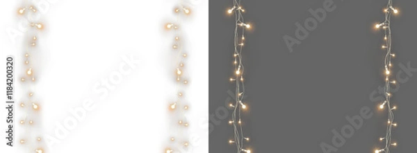 Obraz Isolated Christmas garland on a transparent background. Glowing light bulb png. String bulb. Lights Christmas. Xmas Holiday cards, banners, posters, web design.  String with glowing led light