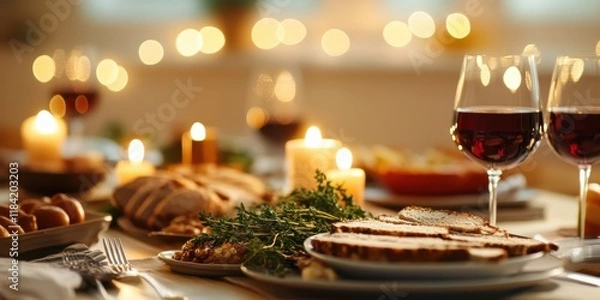 Fototapeta Elegant dinner gathering with wine cozy home setting food photography romantic ambiance close-up view culinary delight