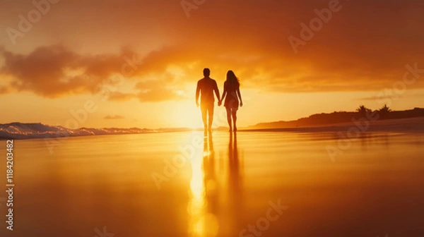 Fototapeta Couple walking hand in hand beach sunset romantic scene serene environment side view love and connection