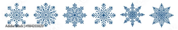 Obraz Set of dark blue snowflakes in cartoon style. Vector illustration of cute winter snowflakes of different shapes isolated on white background. Holiday. New Year. Christmas. Snowfall.