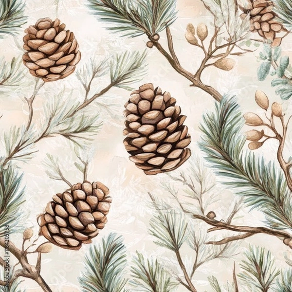 Fototapeta Delicate pine cones nestled among soft green branches create ser