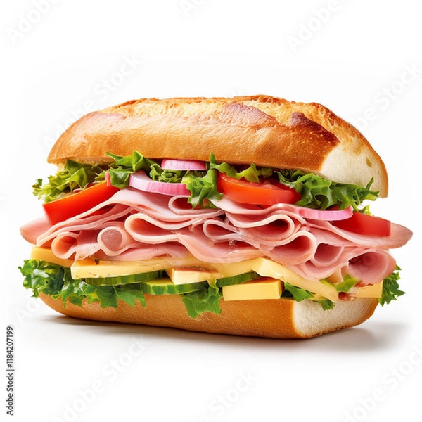 Fototapeta A fully loaded sub sandwich with layers of ham, turkey, cheese, and vegetables