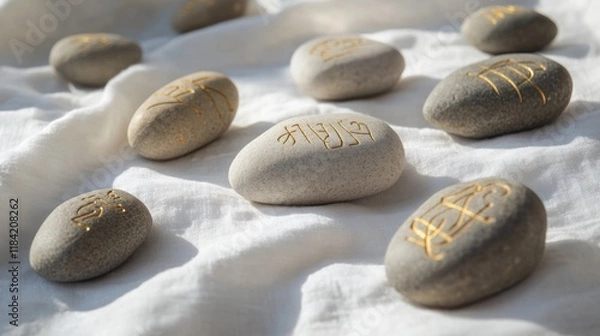 Fototapeta Smooth stones with golden inscriptions arranged artistically on