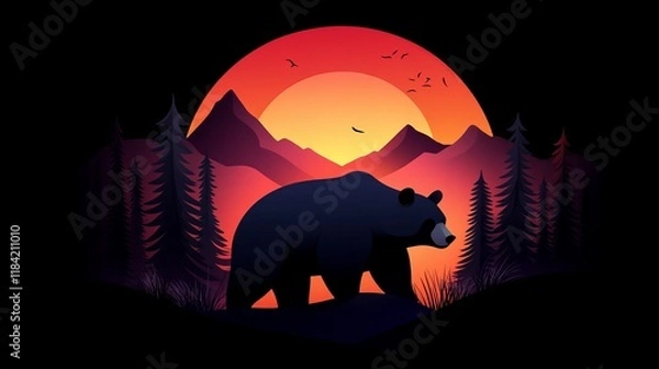 Fototapeta Silhouette of a bear at sunset in a mountain landscape.  Dark, moody, and serene.