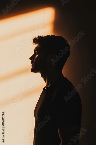 Obraz Minimalistic design concept. Arty, graphic profile portrait of a young man posing in a room full of evening light. Monochrome vertical studio shot