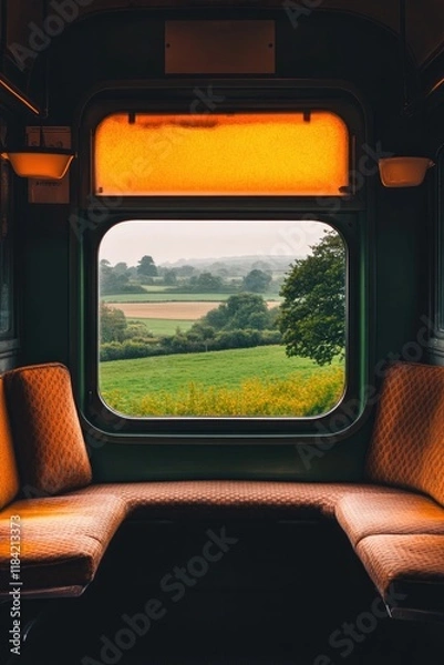 Obraz Warm light filters through train window, revealing lush green fi