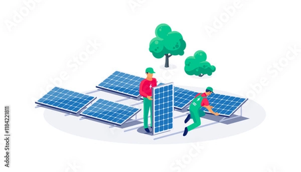 Fototapeta Construction technician workers installing solar panels. PV installation on flat ground. Connecting the renewable power energy system to grid. Clean electricity production from sun.
