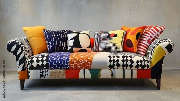 Obraz Amusing sofa with a quirky design, featuring mismatched cushions and bold patterns 