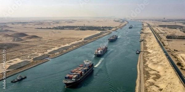 Fototapeta Ships navigate the Suez Canal while desert landscape stretches in the background under a clear sky