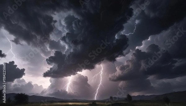 Fototapeta A dark and stormy sky with lightning illuminating the clouds, lightning, end times