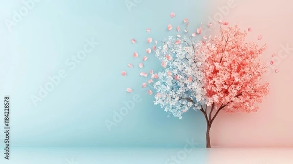 Obraz Pastel Bloom: A whimsical tree blossoms in dual hues, petals dance on a soft background.