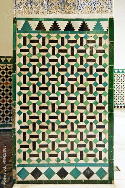 Obraz Mosaic tiles in the Alcazar of Seville, Andalusia, Spain. Mudejar Palace of Reales Alcazares. Door jamb of azulejos alicatados of Al Andalus