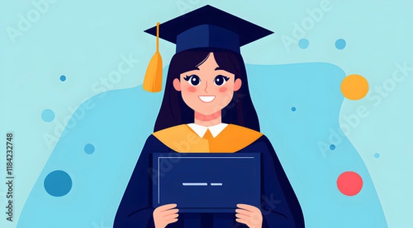 Obraz A cheerful graduate in a cap and gown holds a diploma, celebrating academic achievement against a colorful background.